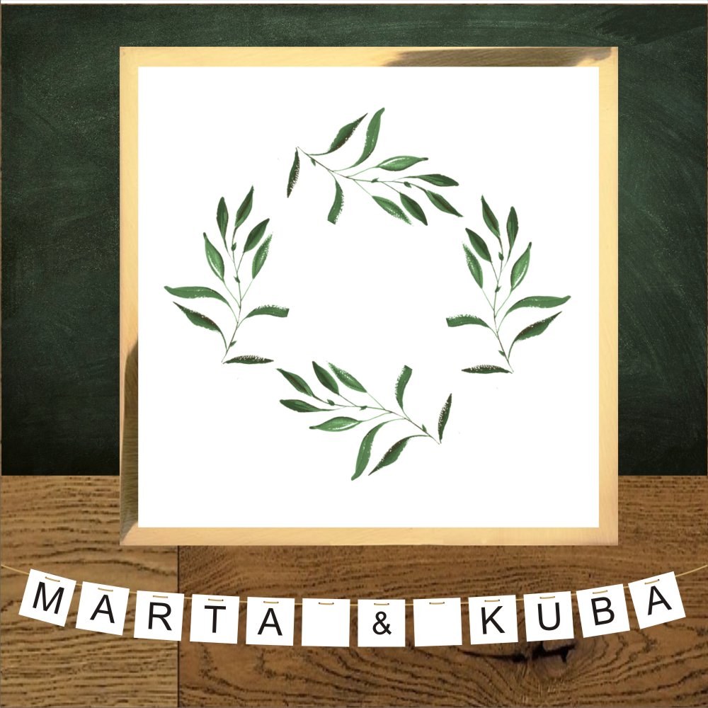 Banery ślubne - Baner weselne na złotym podklejeniu. Zielone gałązki delikatne
