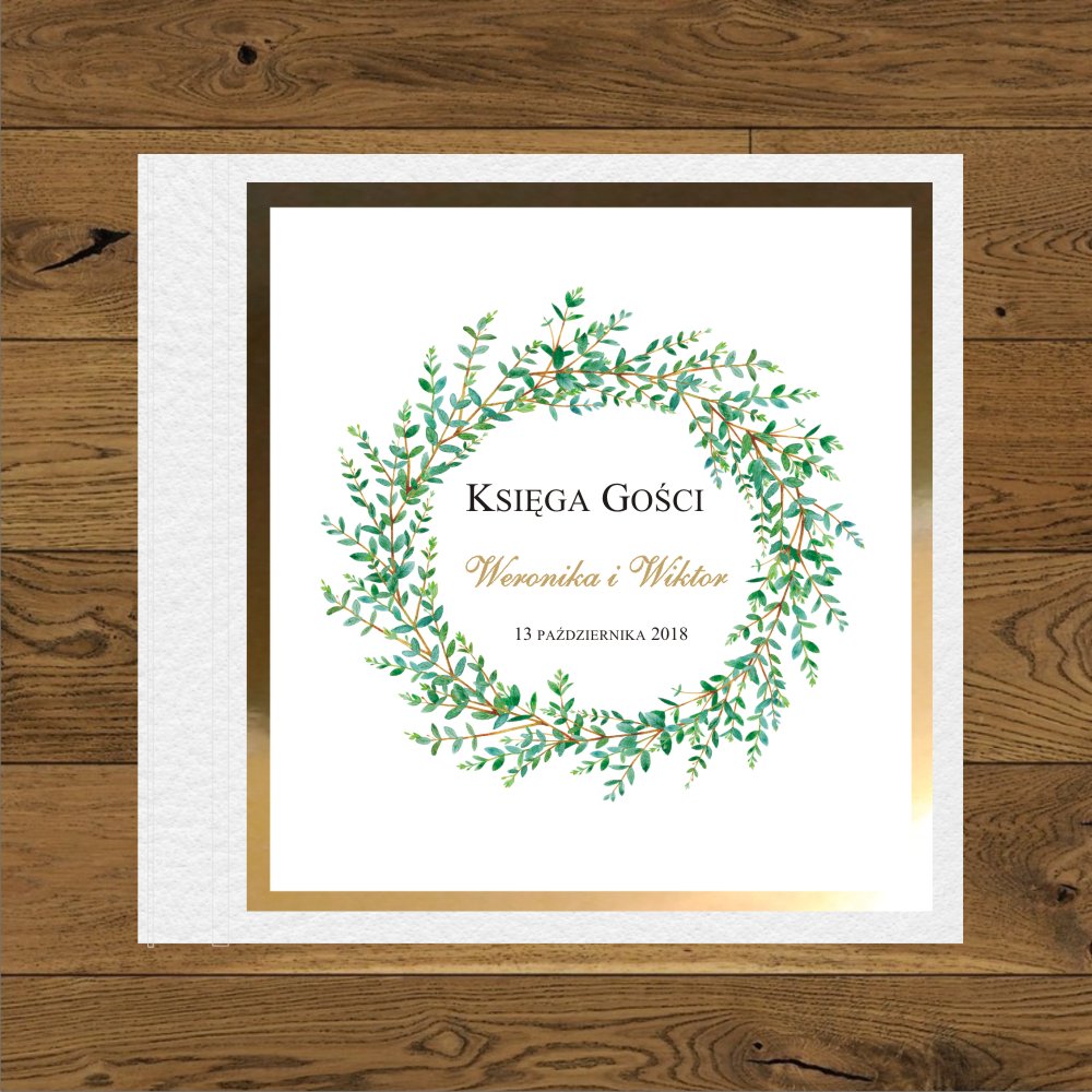 Księgi Gości - twarda oprawa - Księga Gosci Wianek zielone gałązki - księga biała, mirror złoty