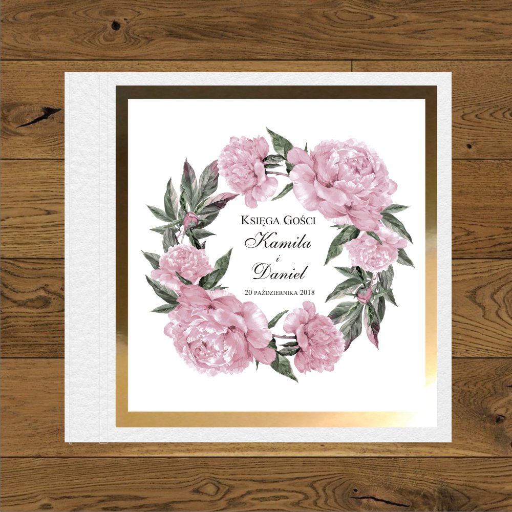 Księgi Gości - twarda oprawa - Księga gosci z piwoniami. Piwonie pastelowy, lodowy róż. Papier złoty mirror