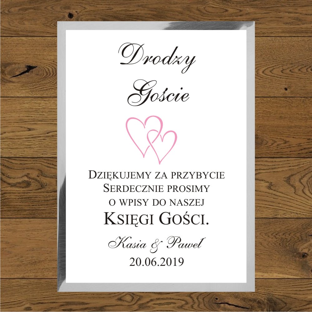 Instrukcja do księgi gości - Minimalistyczne dwa małe serduszka różowe. Papier biały i srebrny mirror