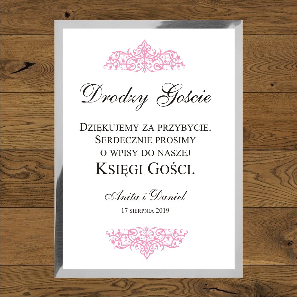 Instrukcja do księgi gości - Oliwia róż. Papier biały i srebrny mirror