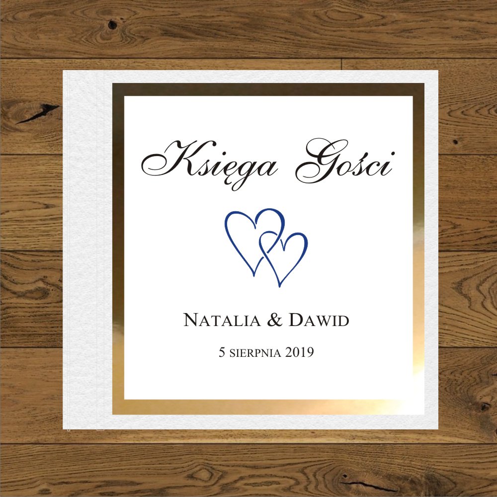 Księgi Gości - twarda oprawa - Minimalistyczne dwa małe serduszka granatowe. Papier złoty mirror i biały-księga gosci