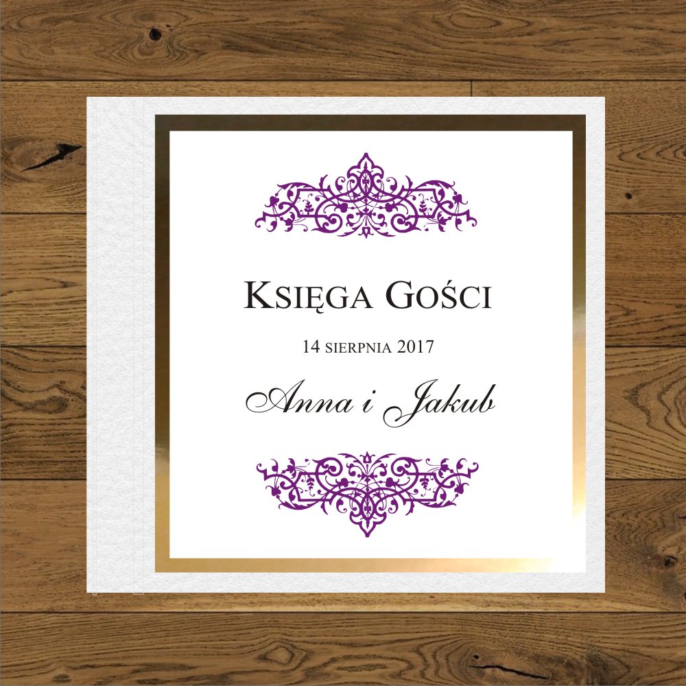 Księgi Gości - twarda oprawa - Oliwia fiolet. Papier biały i złoty mirror