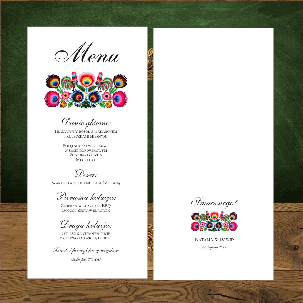 Menu jednostronne. - Menu weselne jednostronne.Folkowe