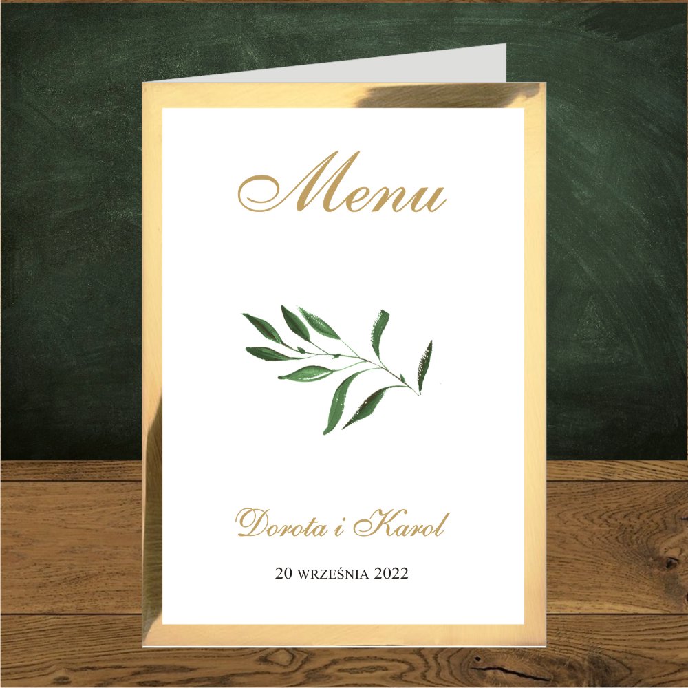 Menu - Menu weselne ze złotym podklejeniem. Zielone gałązki delikatne