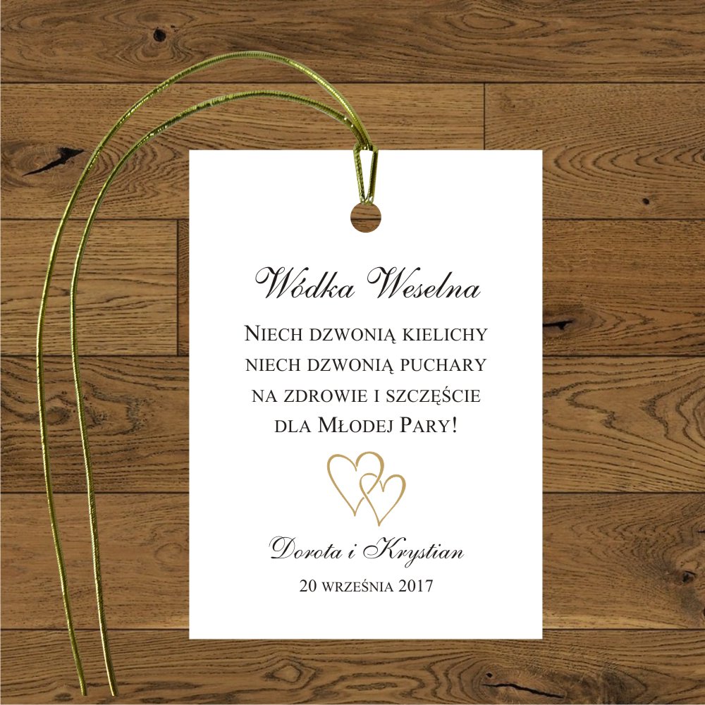 Zawieszki na alkohol - Przywieszki na wódkę weselną. Minimalistyczne dwa małe serduszka złote