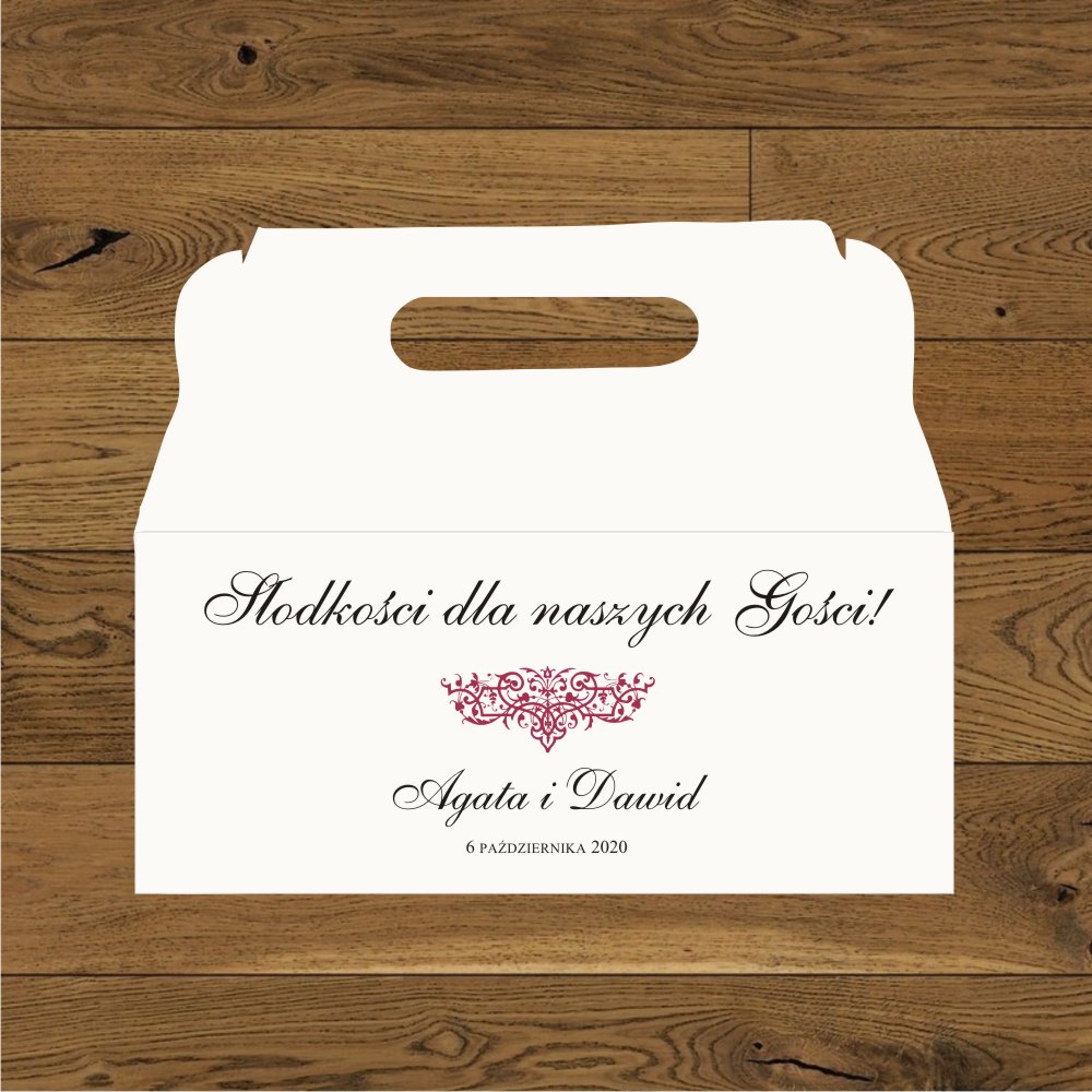 Pudełka na ciasto - Oliwia bordo. papier biały i biały