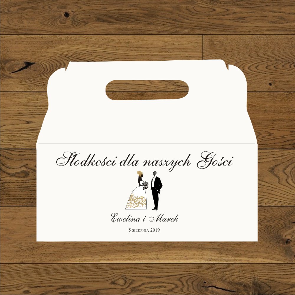 Pudełka na ciasto - Para młoda ornament na sukni złoty. Winietka