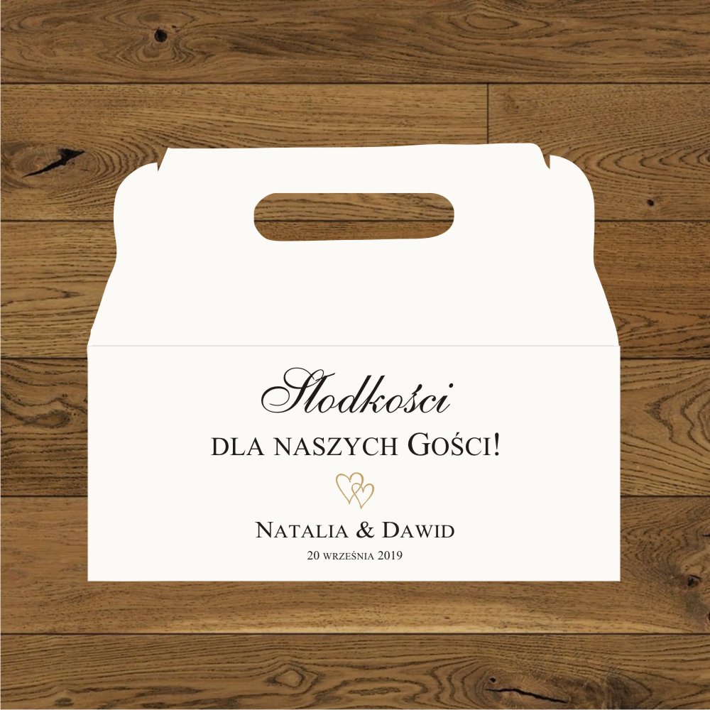 Pudełka na ciasto - Pudełko na ciasto weselne. Minimalistyczne - dwa małe serduszka złote