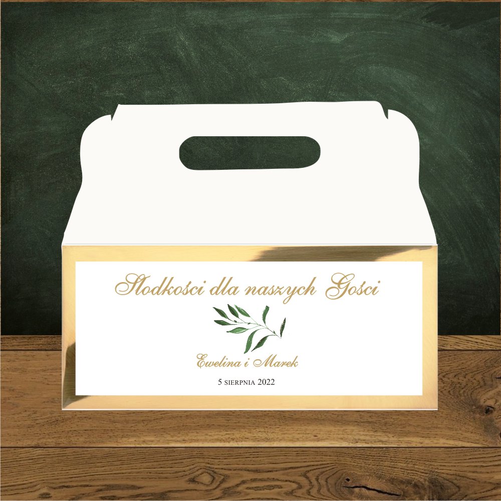 Pudełka na ciasto - Pudełko na ciasto weselne ze złotym podklejeniem. Zielone gałązki delikatne