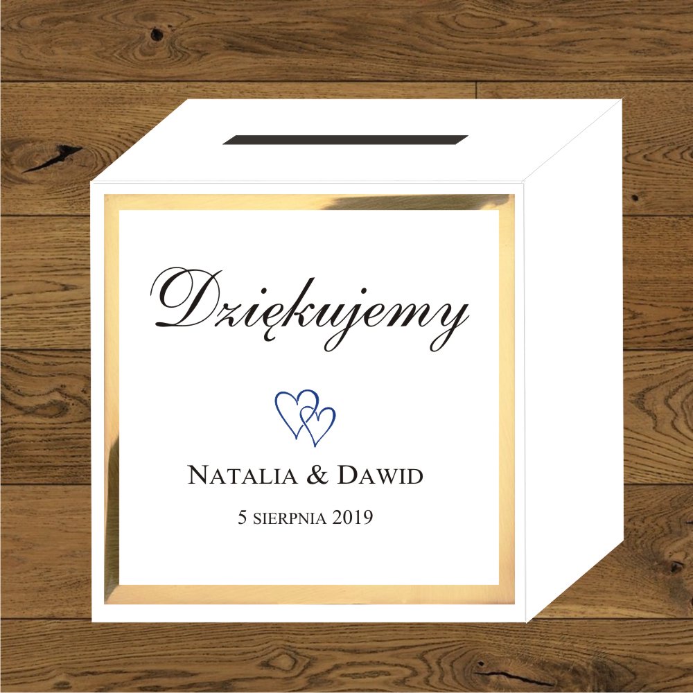 Front do pudełek na koperty - Front do pudełek na koperty Minimalistyczne dwa małe serduszka granatowe. Papier złoty mirror