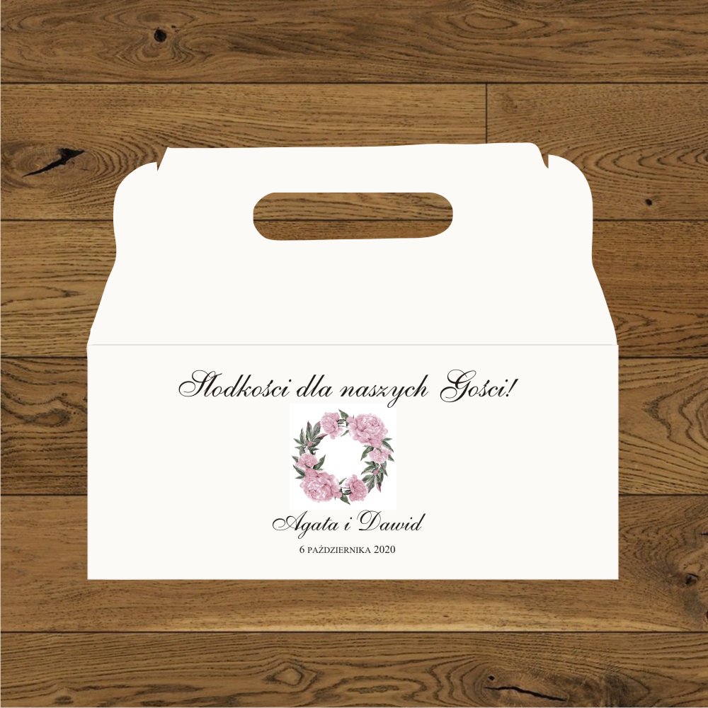 Pudełka na ciasto - Piwonie- wianek pastelowy różowy