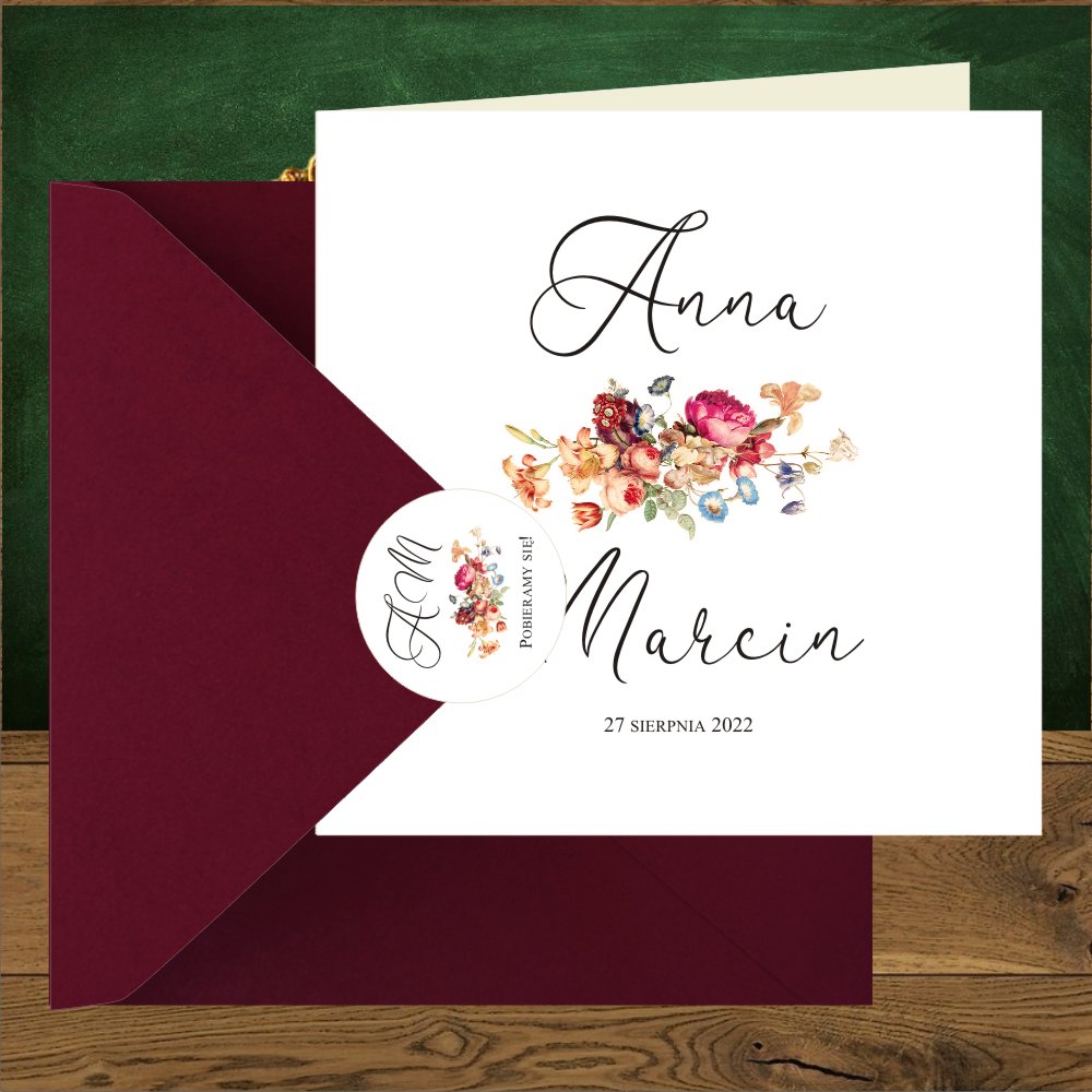 Ekonomiczne - Zaproszenia ślubne Angielskie róże retro flanella - fantazyjne. Kwadratowe proste