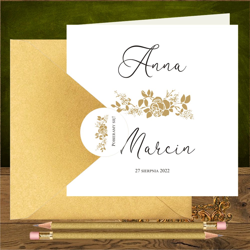 Ekonomiczne - Zaproszenia na ślub ze złotymi różami, proste, kwadratowe. Złote róże