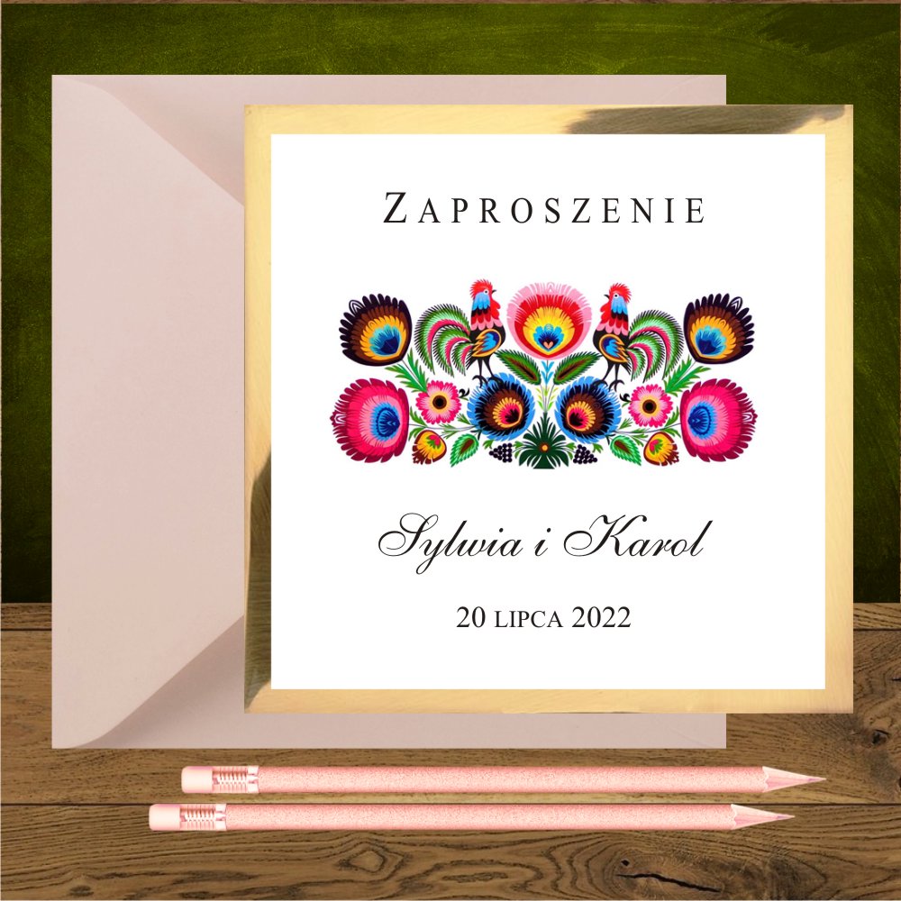 Folkowe i boho - Zaproszenia ślubne folkowe z motywem ludowym na złotym kartoniku. Folkowe