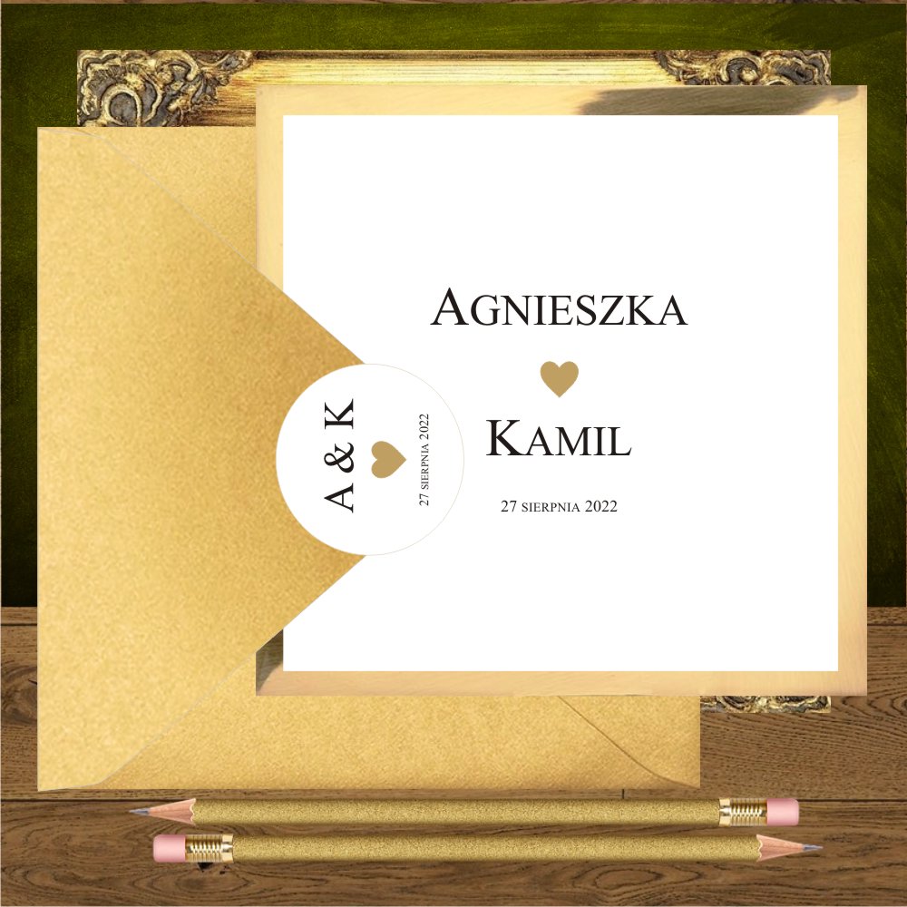 glamour - Zaproszenia ślubne minimalistyczne, kwadratowe na mirror. Serduszko złote mini-minimalistyczne