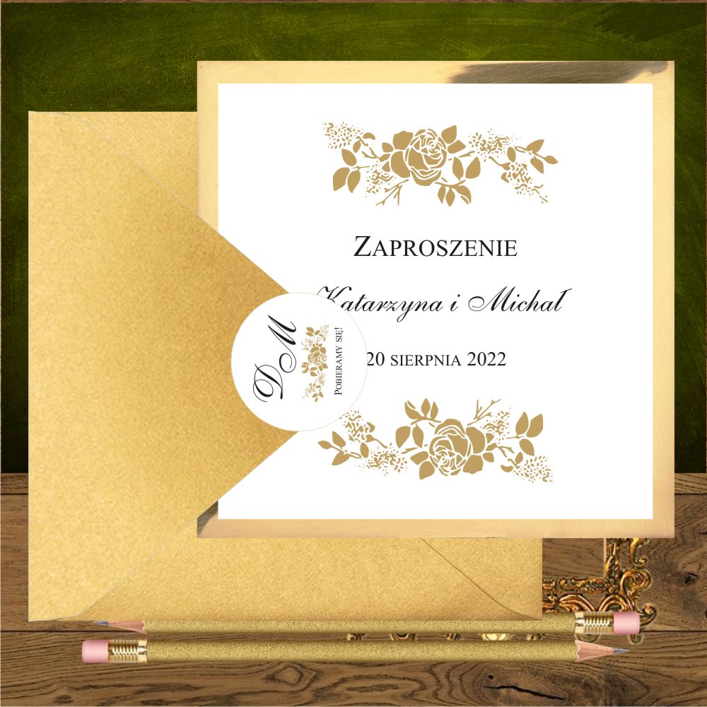 glamour - Zaproszenia ślubne glamour z różami na złotym kartoniku. Róże złote