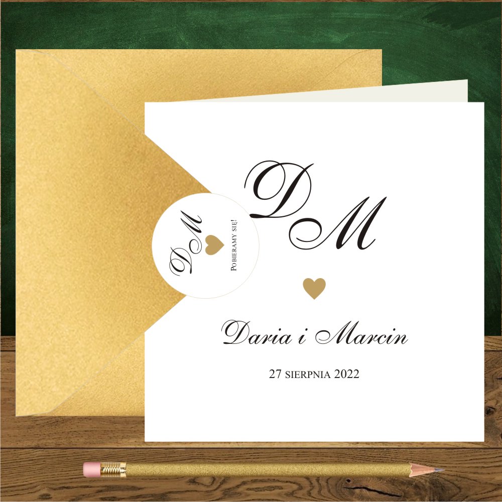 Ekonomiczne - Zaproszenia ślubne minimalistyczne, proste, kwadratowe. Serduszko złote mini i inicjały