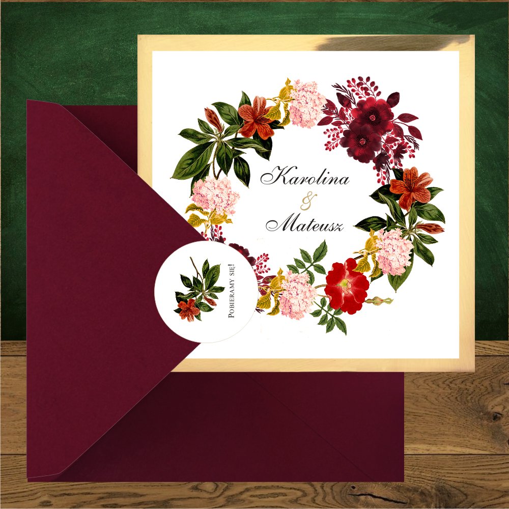 glamour - Zaproszenia ślubne boho na złotym kartoniku, kwadratowe. Wianek kwiaty bordo