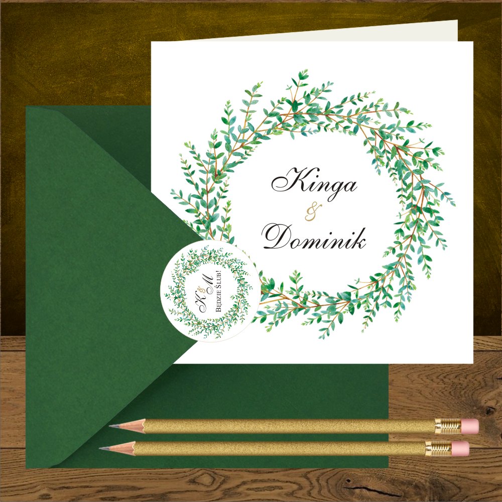 Ekonomiczne - Zaproszenia ślubne rustykalne, boho. Wianek zielone gałązki proste, kwadratowe