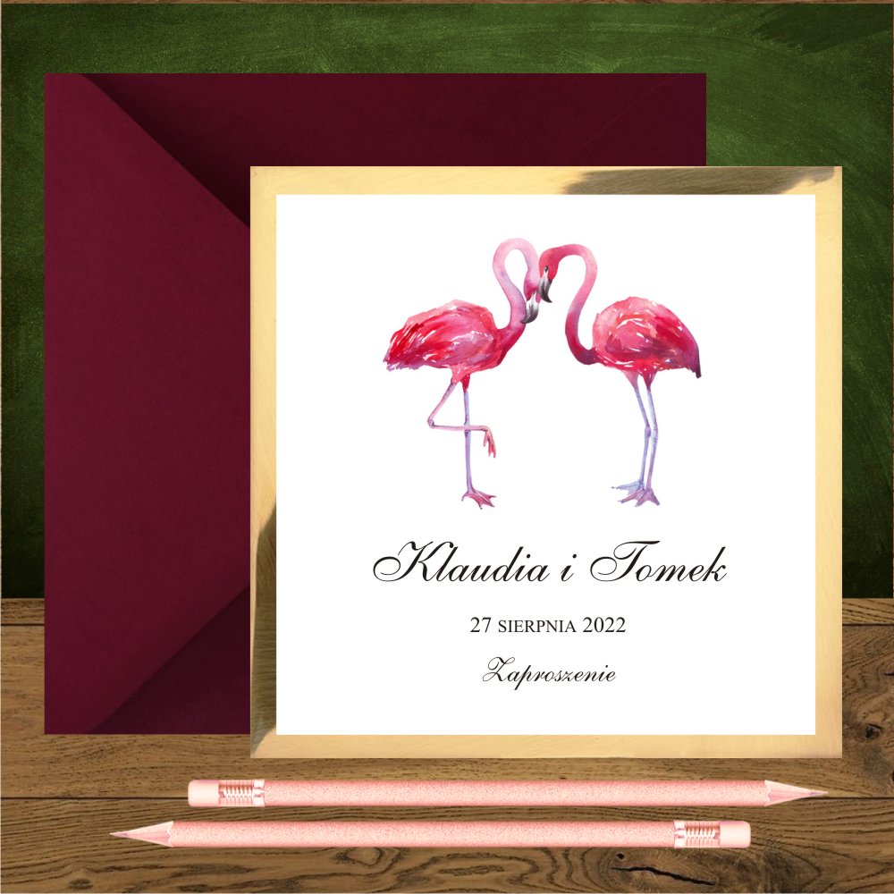 glamour - Zaproszenia ślubne z flamingami na złotym kartoniku. Flamingi
