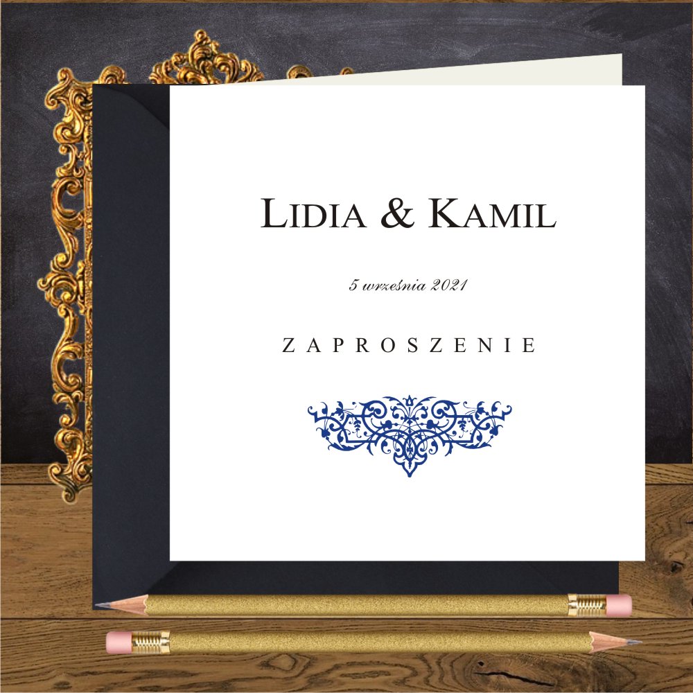 Ekonomiczne - Zaproszenia ślubne eleganckie z granatowym ornamentem. Oliwia granatowa