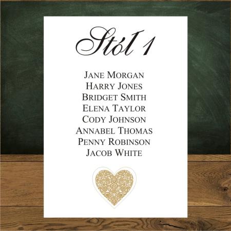 Karteczki z usadzeniem gości na weselu. Serce złote