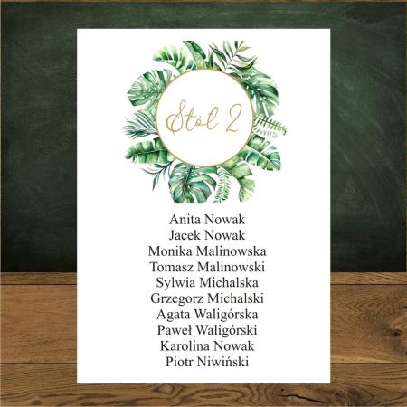 Plan stołów w postaci kartek. Monstera