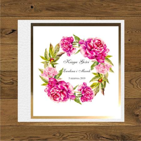 Księga gości weselnych Piwonie wianek ciemny róż , mirror złoty, księga biała