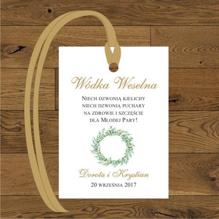 Wianek zielone gałązki - papier biały, wstążka złota