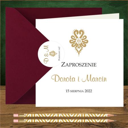 Zaproszenia na ślub góralskie z góralską parzenicą. Parzenica złota, proste